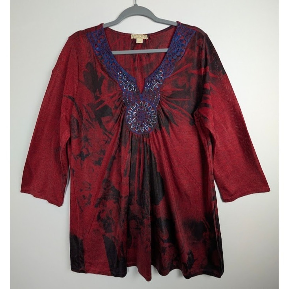 ENERGE World Wear Tunic Top XL Red Black Beaded Boho Festival Artsy Y2K Stretchy